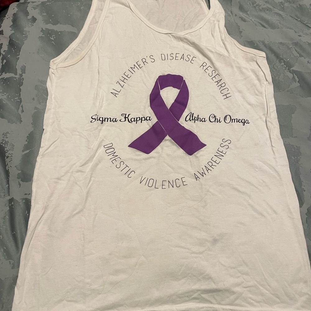 Sigma Kappa and Alpha Chi Omega White Tank Top with Purple Ribbon Design